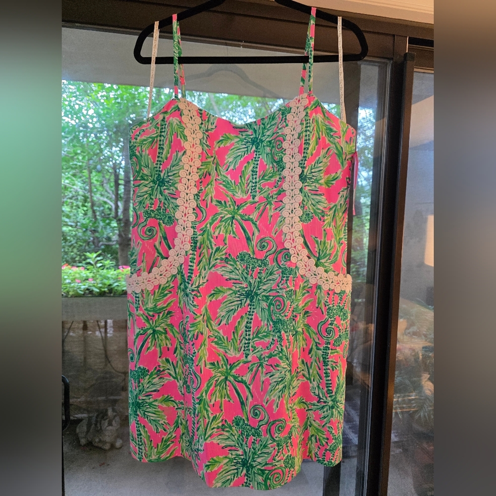 Lilly Pulitzer Hot Pink & Green Palm Print Shift Dress